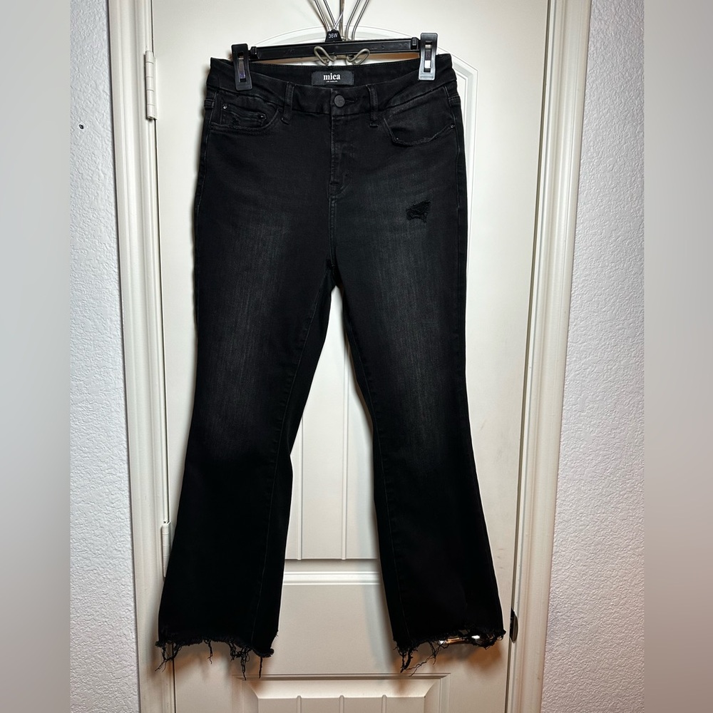 Women’s Mica Denim High Rise Cropped Black Distressed Raw Hem Jeans size 28